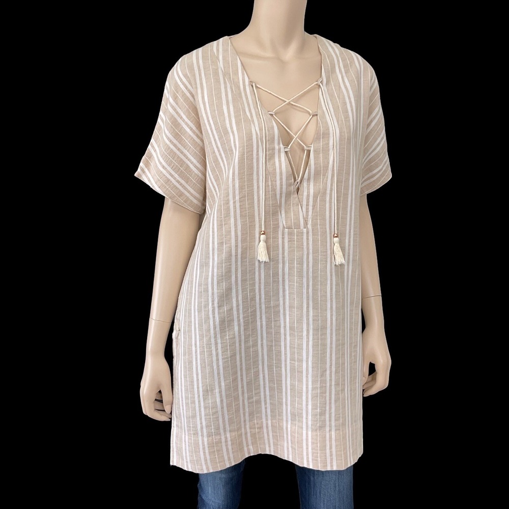 Simply Noelle Tunic Womens XS Beige White Stripe Short Sleeve Swim Cover Top NWT
